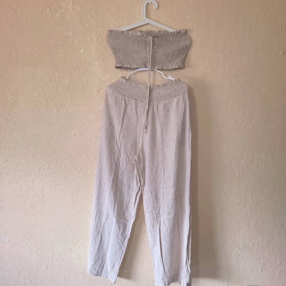 SHEIN Tall Shirred Drawstring Front Crop Tube Top & Wide Leg Pants - Picture 3 of 4